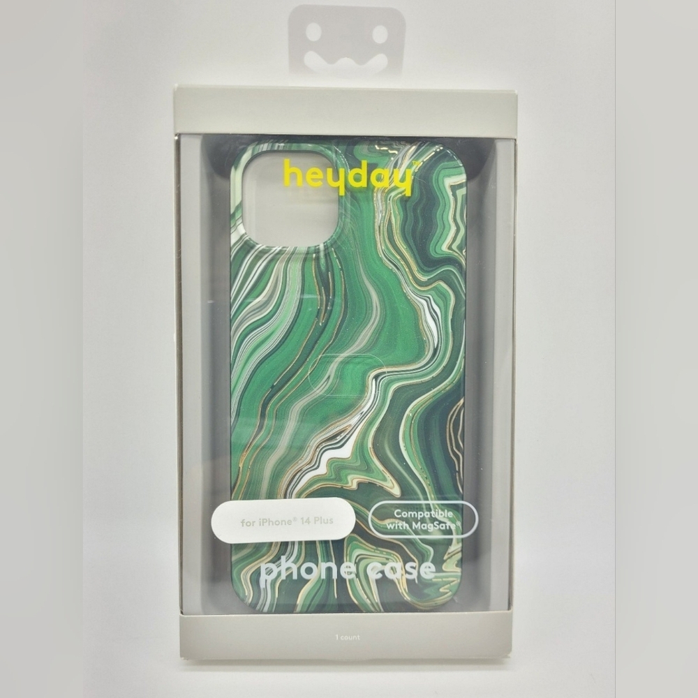 Stylish Green Gold Marble Print iPhone 14 Plus Case by Heyday